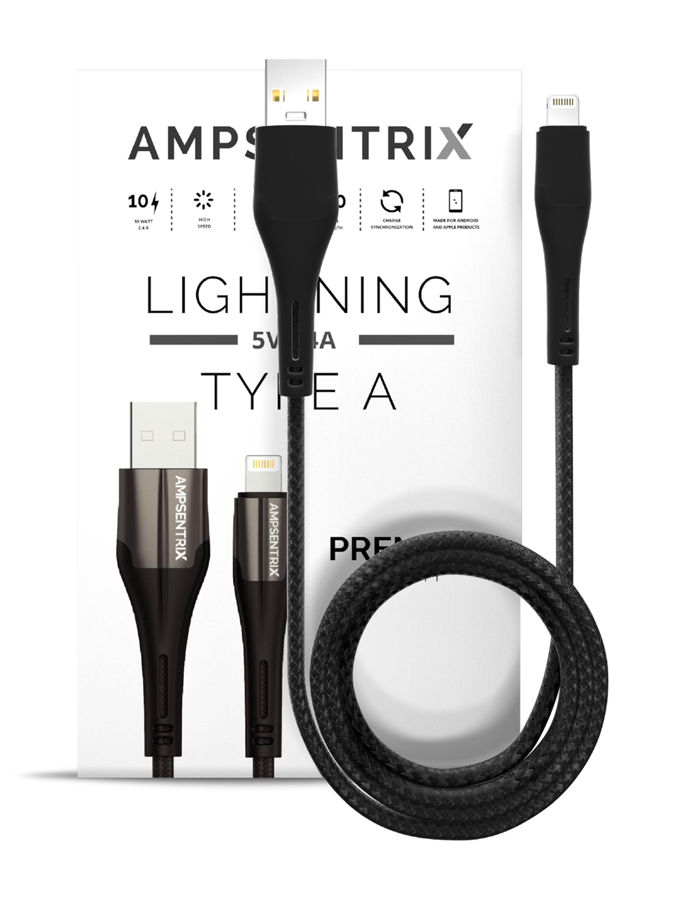 AmpSentrix Matrix Lightning to USB-A Cable (Non-MFI) (1m, 3ft) (Black)