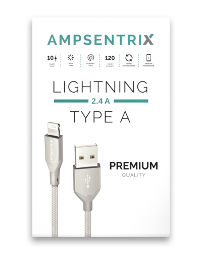 USB Type A To Lightning Cable (Non-MFI) (1 m / 3 ft) (AmpSentrix Infinity) (Silver)