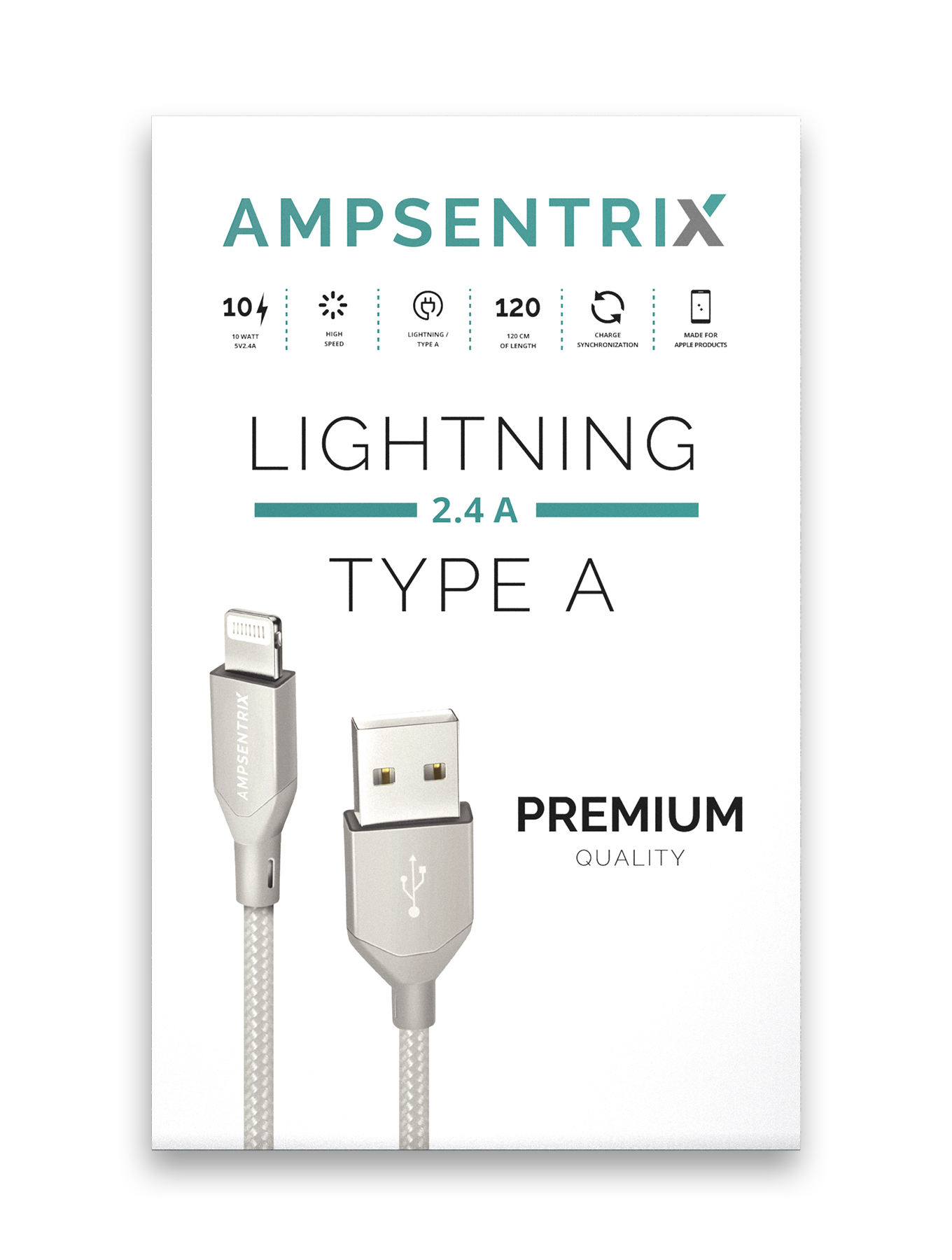 USB Type A To Lightning Cable (Non-MFI) (1 m / 3 ft) (AmpSentrix Infinity) (Silver)