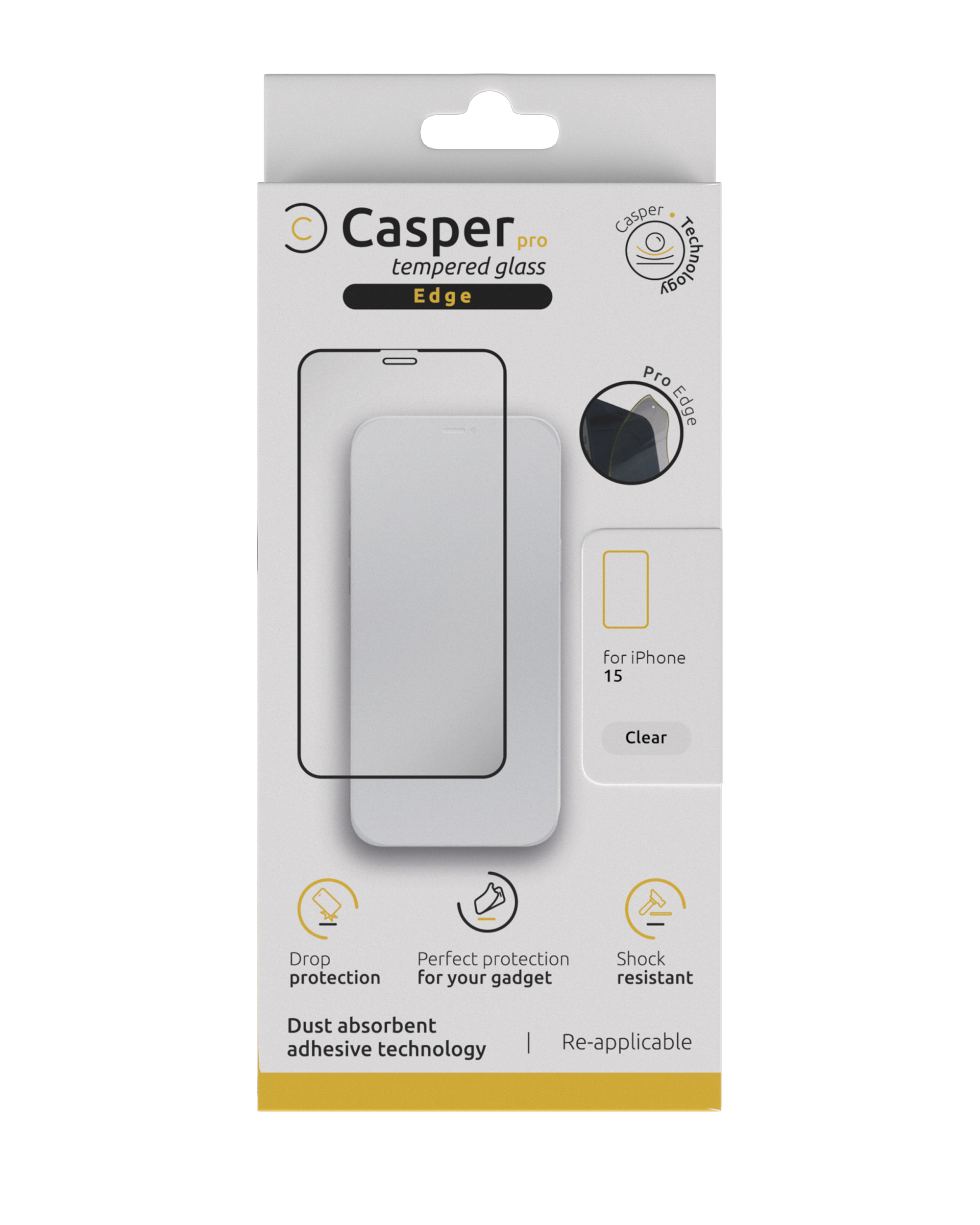 Casper Pro Edge Tempered Glass For iPhone 15 / 16 (Retail Pack) (Clear)