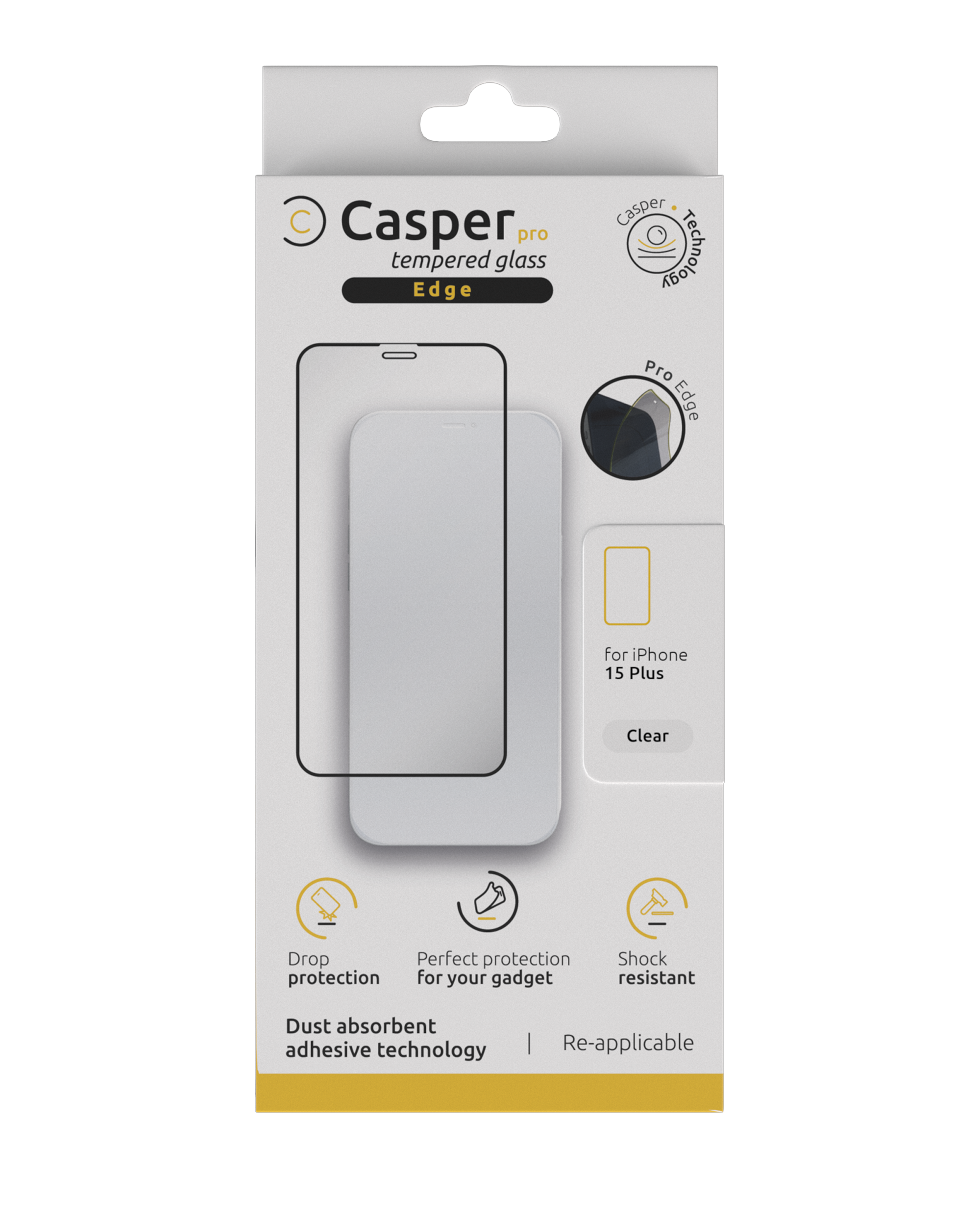 Casper Pro Edge Tempered Glass For iPhone 15 Plus / 16 Plus (Retail Pack) (Clear)