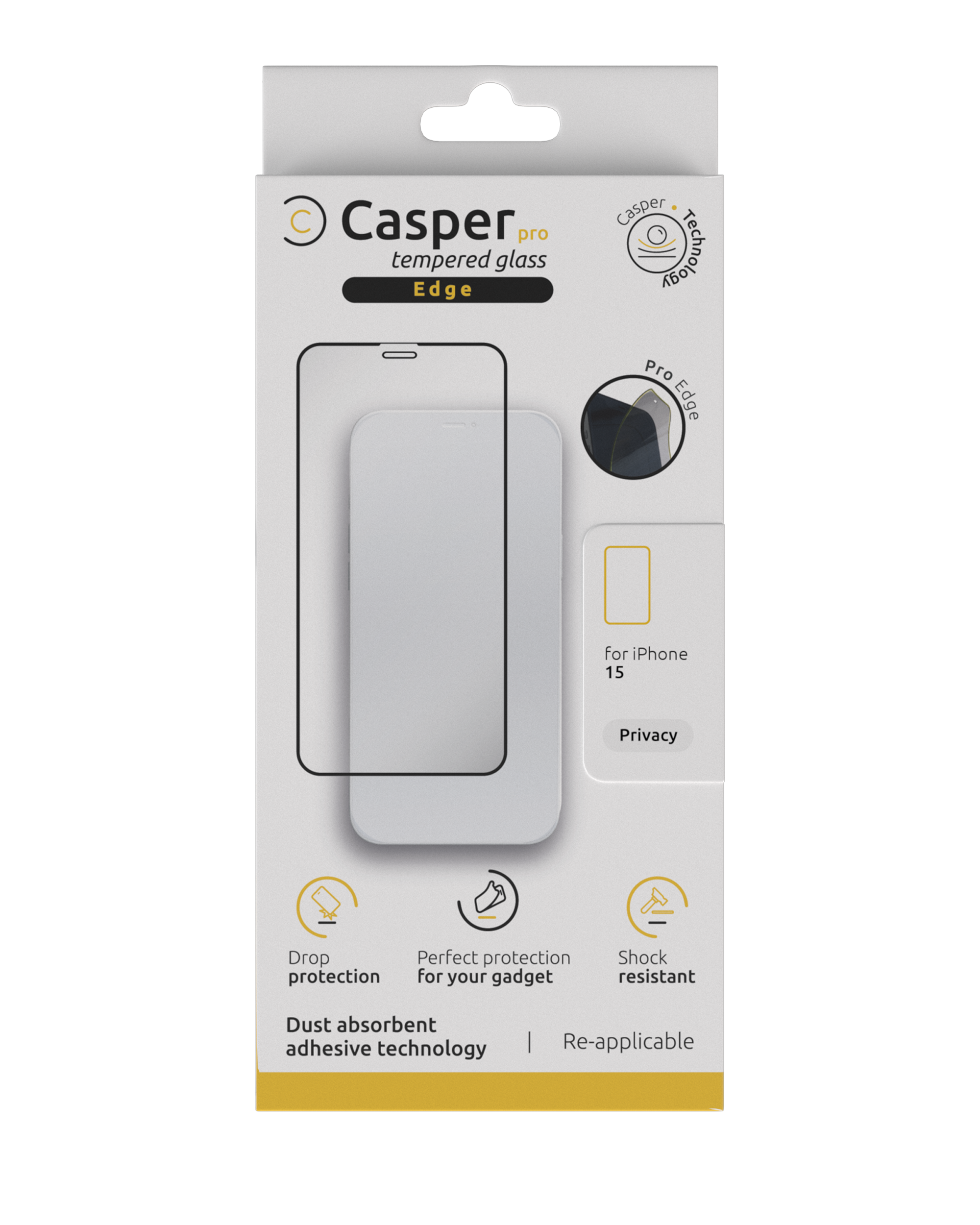 Casper Pro Edge Tempered Glass For iPhone 15 / 16 (Retail Pack) (Privacy)