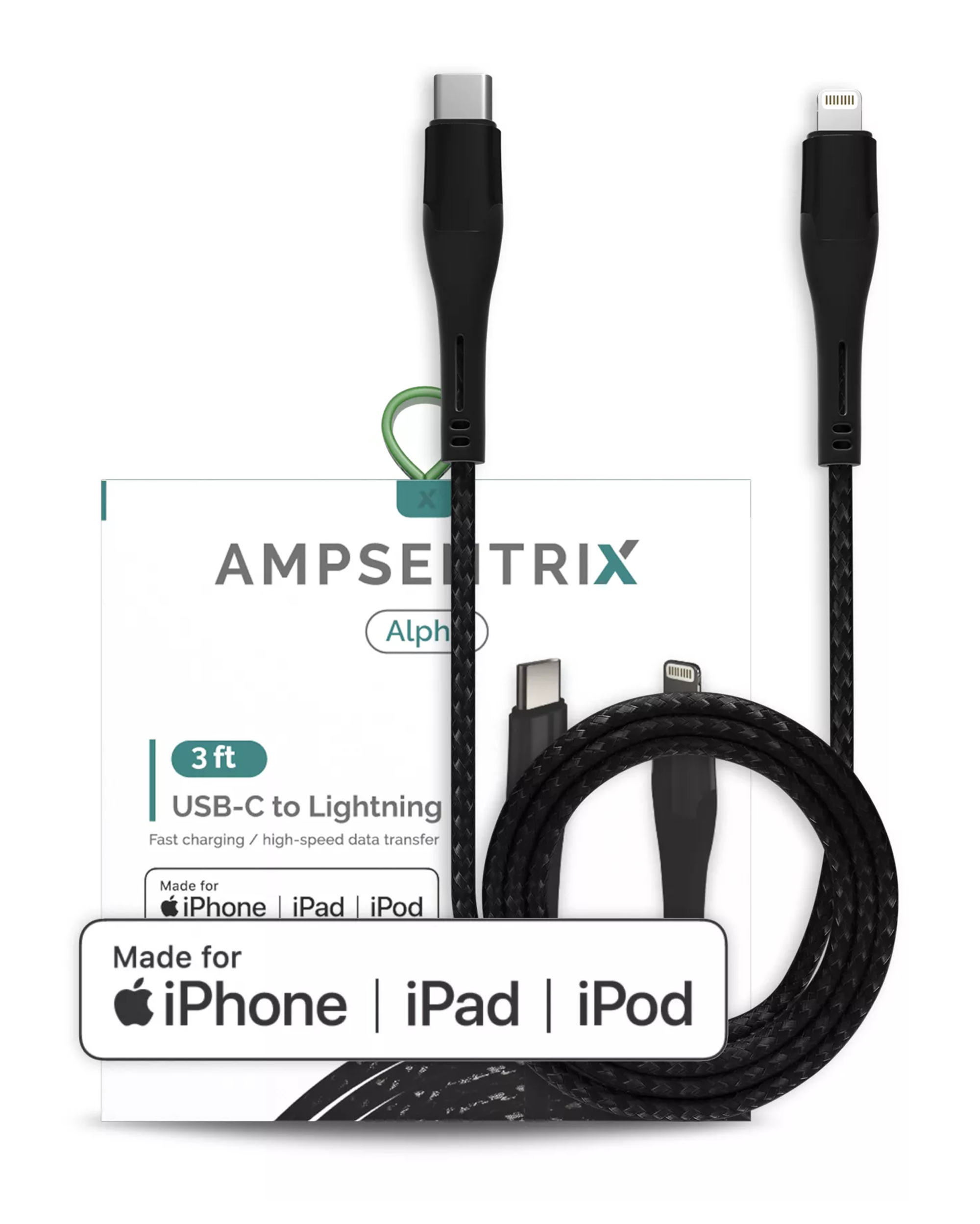 AmpSentrix Alpha Lightning to USB-C Cable (MFI) (1m, 3ft) (Black)