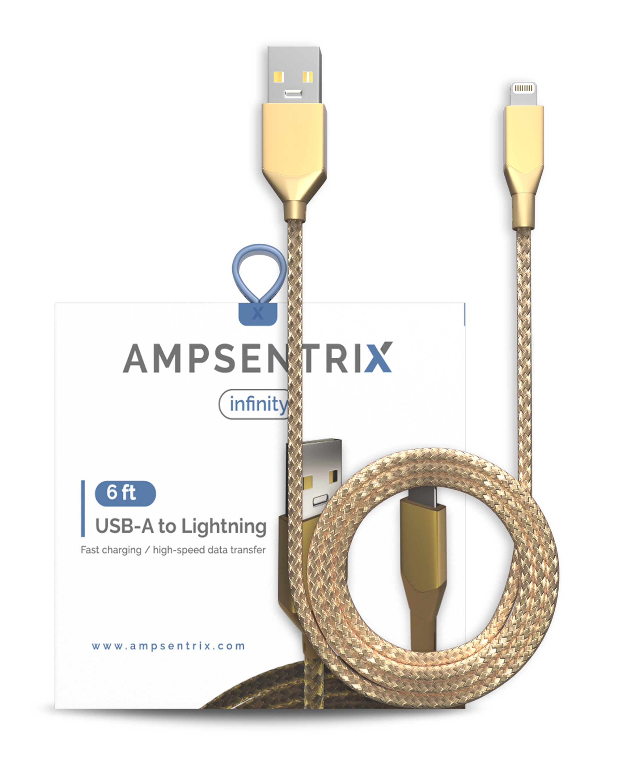 AmpSentrix Infinity USB-A to Lightning Cable (Non-MFI) (2m, 6ft) (Gold)