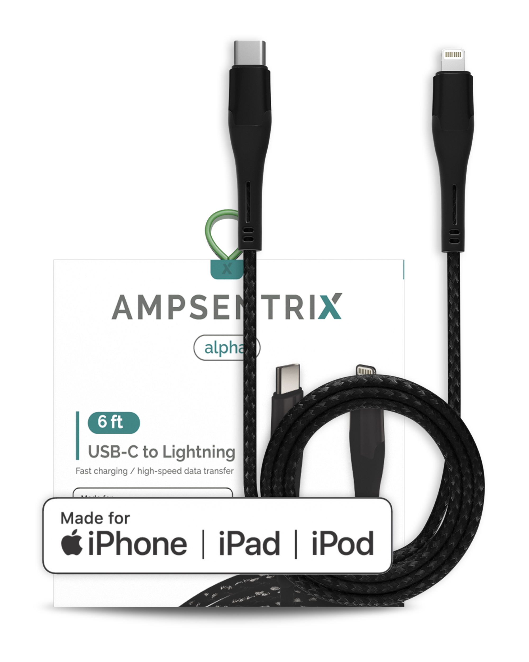 AmpSentrix Alpha Lightning to USB-C Cable (MFI) (2m, 6ft) (Black)