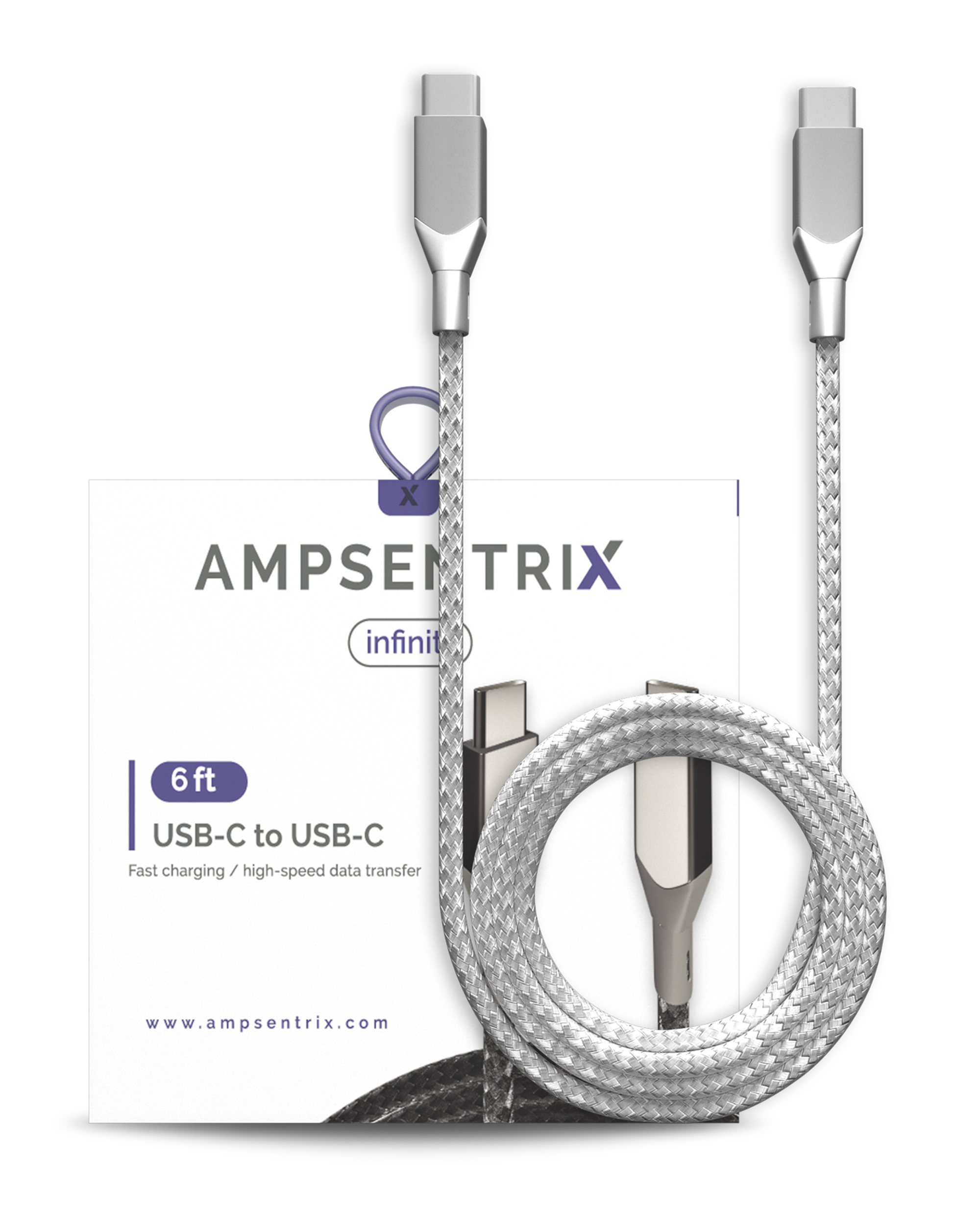 AmpSentrix Infinity USB-C to USB-C Cable (2m, 6ft) (Silver)