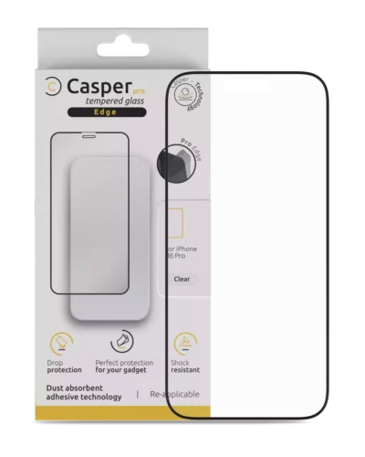 Casper Pro Edge clear tempered glass screen protector packaging for iPhone 16 Pro, 17, 17 Pro, and 18 Pro