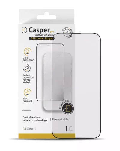 Casper Pro Silicone Edge clear tempered glass screen protector packaging for iPhone 16 Pro, 17, 17 Pro, and 18 Pro