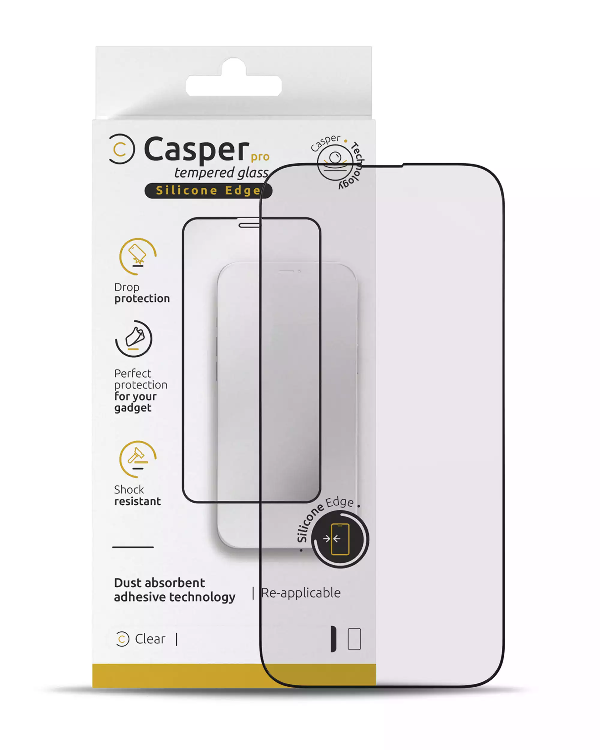 Casper Pro Silicone Edge clear tempered glass screen protector packaging for iPhone 16 Pro, 17, 17 Pro, and 18 Pro