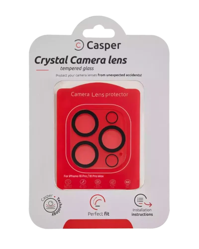 Casper crystal clear full cover camera lens protector for iPhone 16 Pro and 16 Pro Max, packaging front view