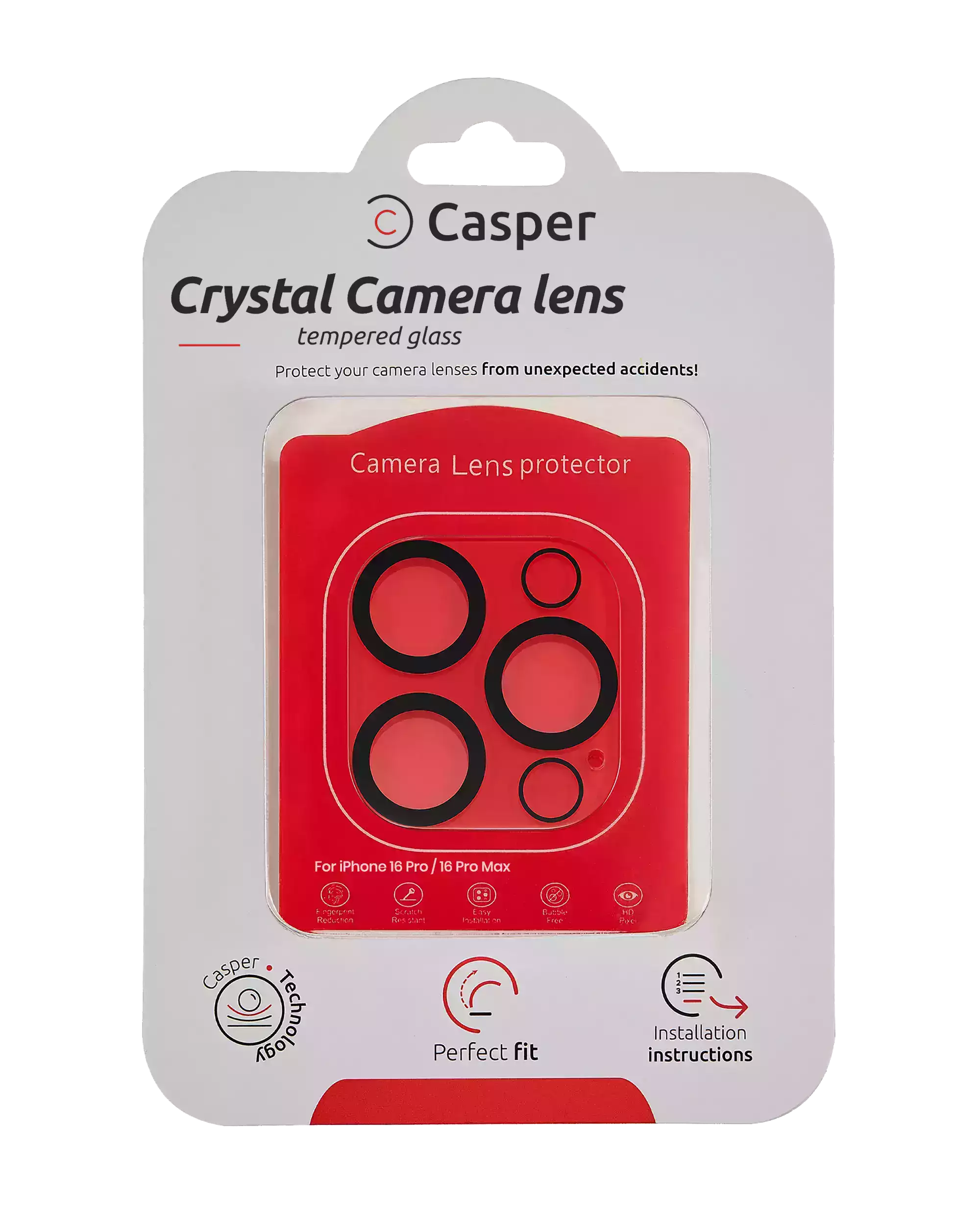 Casper crystal clear full cover camera lens protector for iPhone 16 Pro and 16 Pro Max, packaging front view