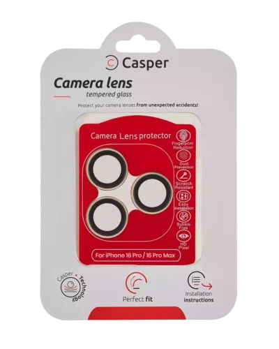 Casper tempered glass camera lens protector for iPhone 16 Pro and 16 Pro Max in Desert Titanium trim, packaging front view