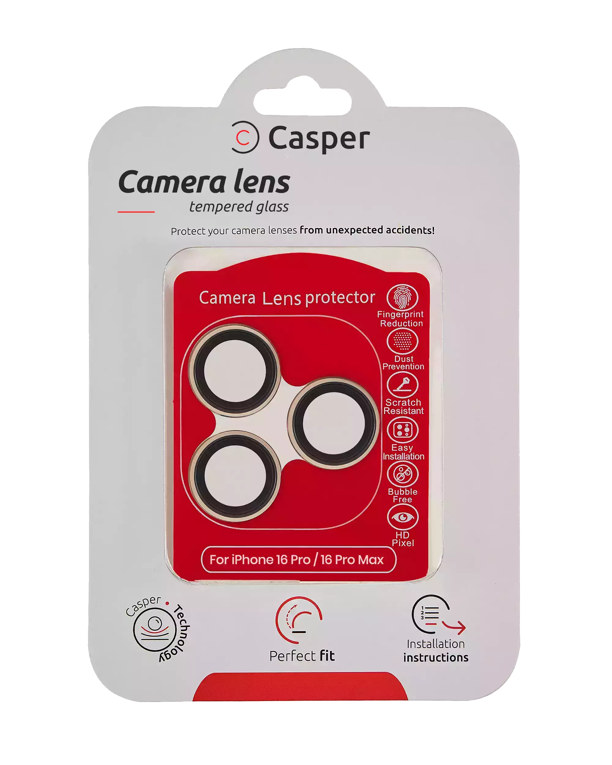 Casper tempered glass camera lens protector for iPhone 16 Pro and 16 Pro Max in Desert Titanium trim, packaging front view
