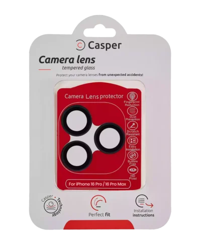 Casper tempered glass camera lens protector for iPhone 16 Pro and 16 Pro Max with black trim, packaging front view