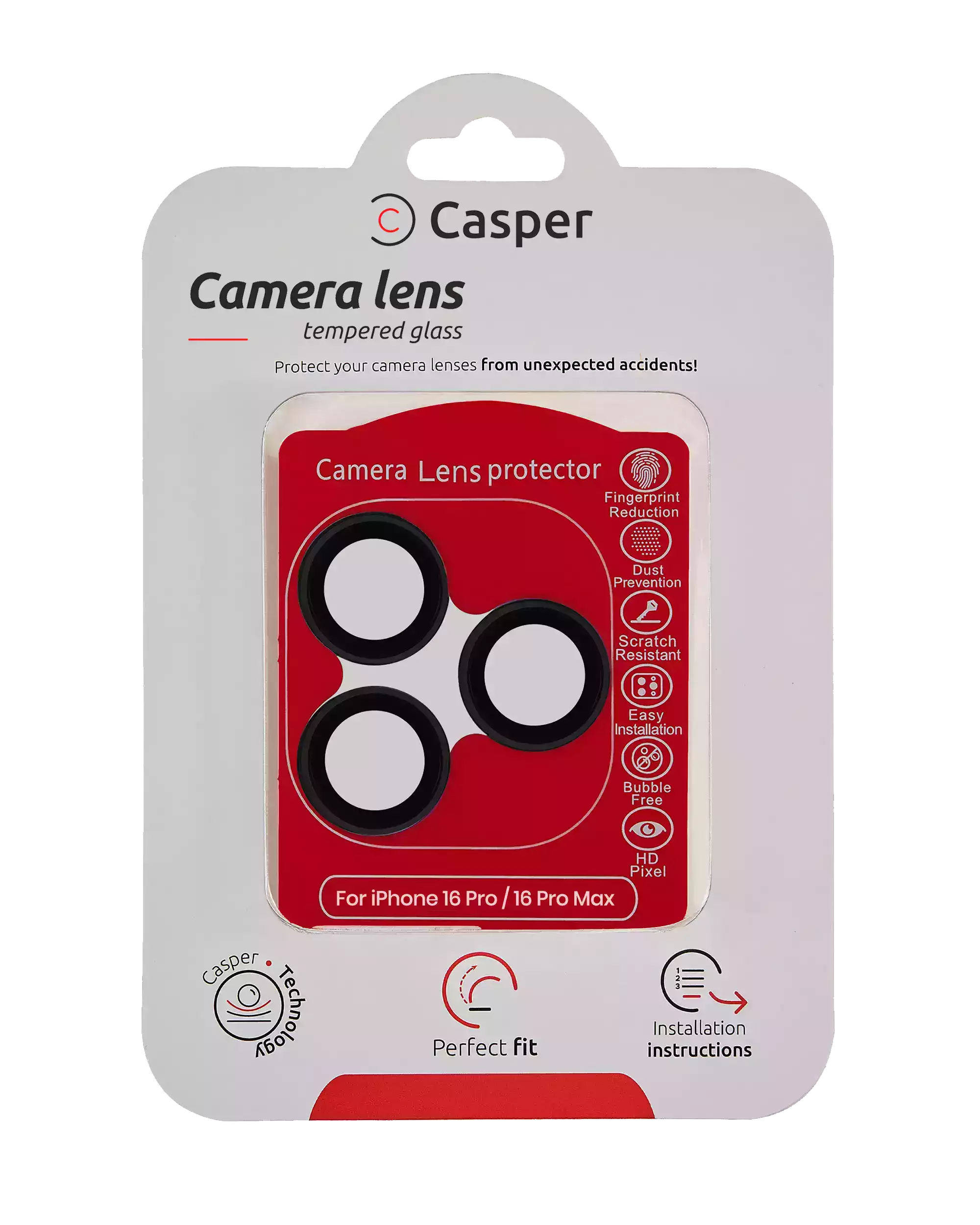 Casper tempered glass camera lens protector for iPhone 16 Pro and 16 Pro Max with black trim, packaging front view