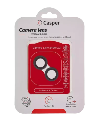 Casper tempered glass camera lens protector for iPhone 16 and 16 Plus with black trim, packaging front view