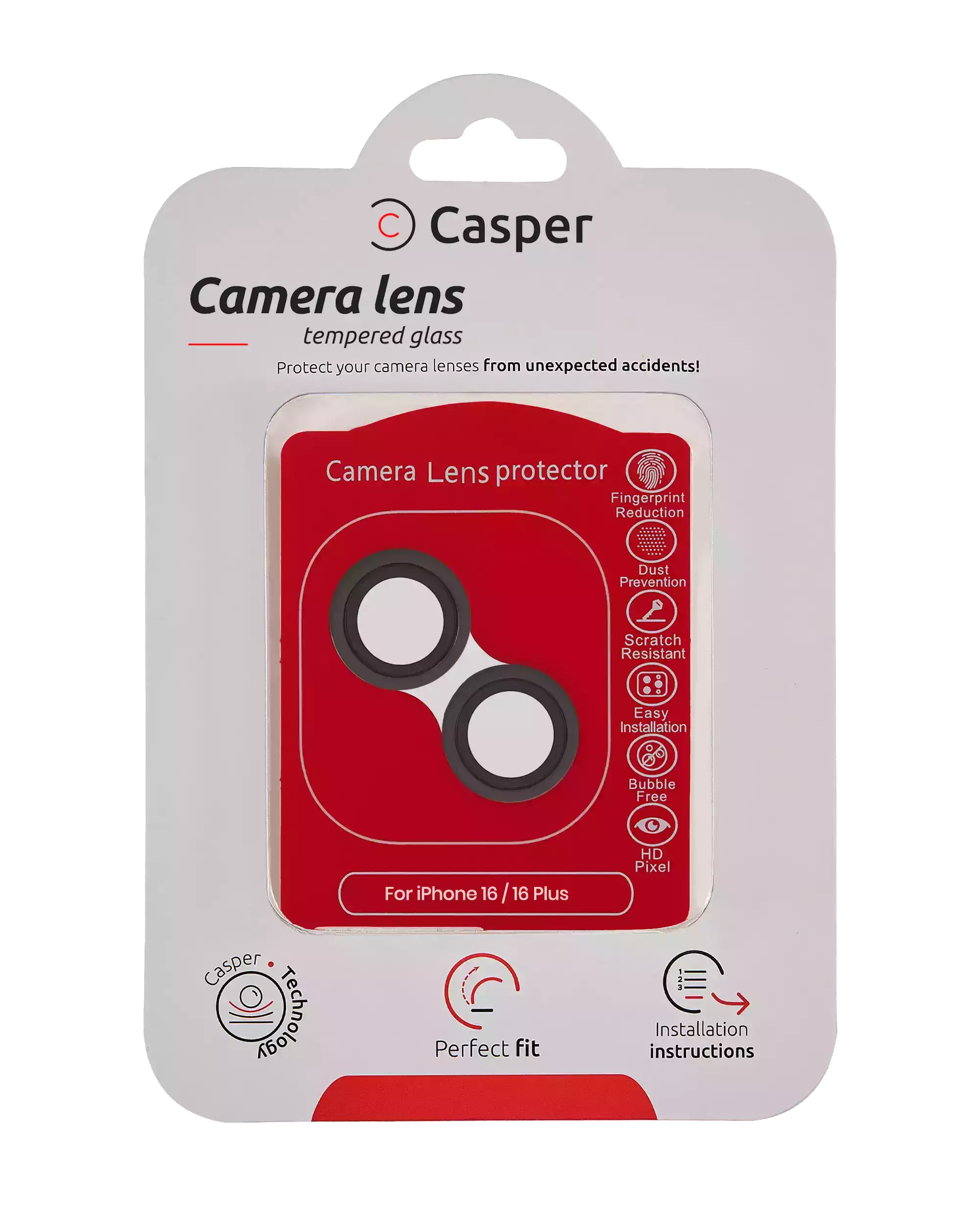 Casper tempered glass camera lens protector for iPhone 16 and 16 Plus with black trim, packaging front view
