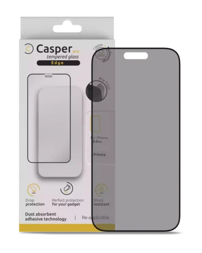 Casper Pro Edge privacy tempered glass screen protector for iPhone 16 Pro, 17, 17 Pro, retail packaging