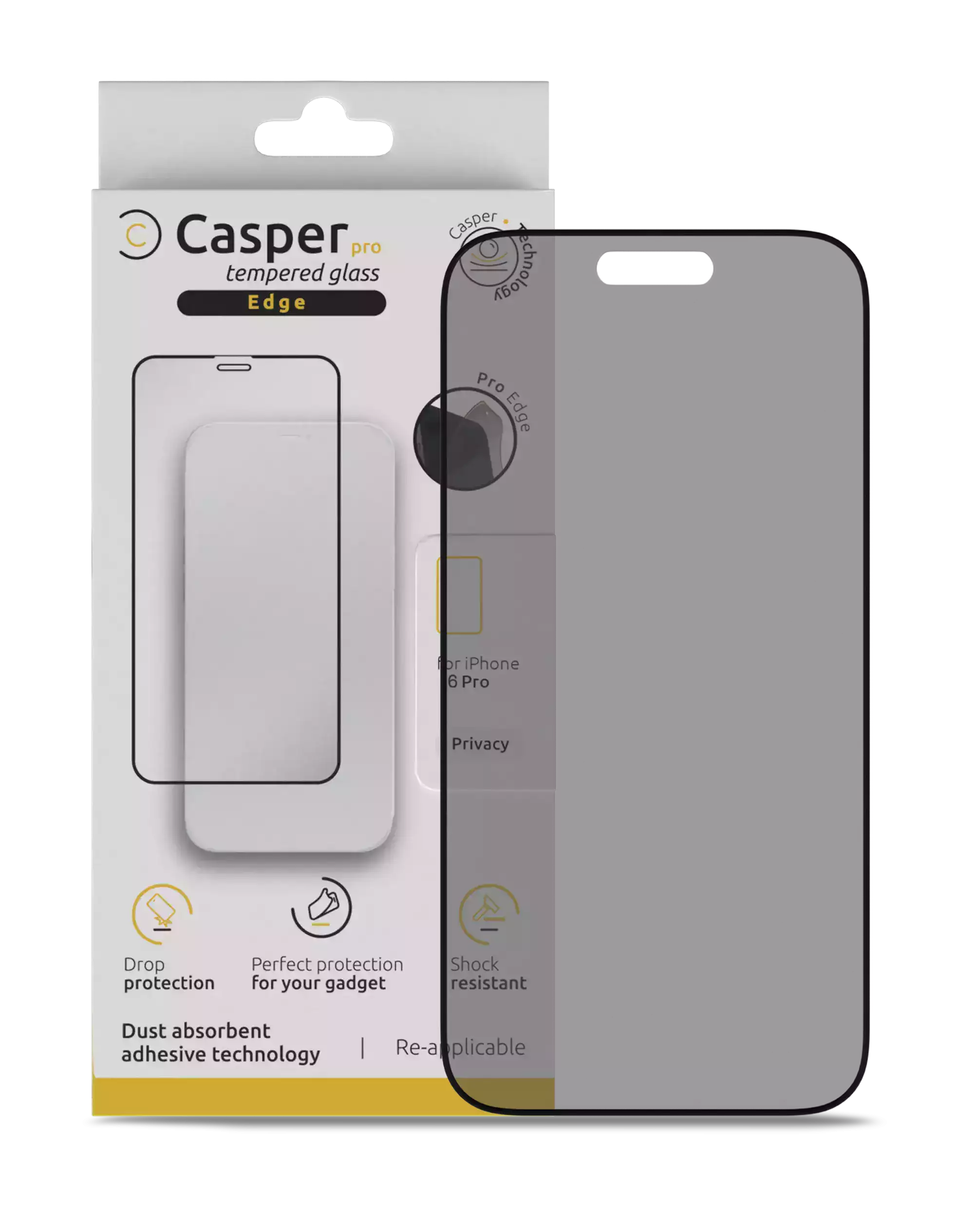 Casper Pro Edge privacy tempered glass screen protector for iPhone 16 Pro, 17, 17 Pro, retail packaging