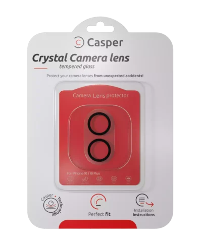Casper crystal clear full cover camera lens protector for iPhone 17, 16, 16 Plus, packaging front view
