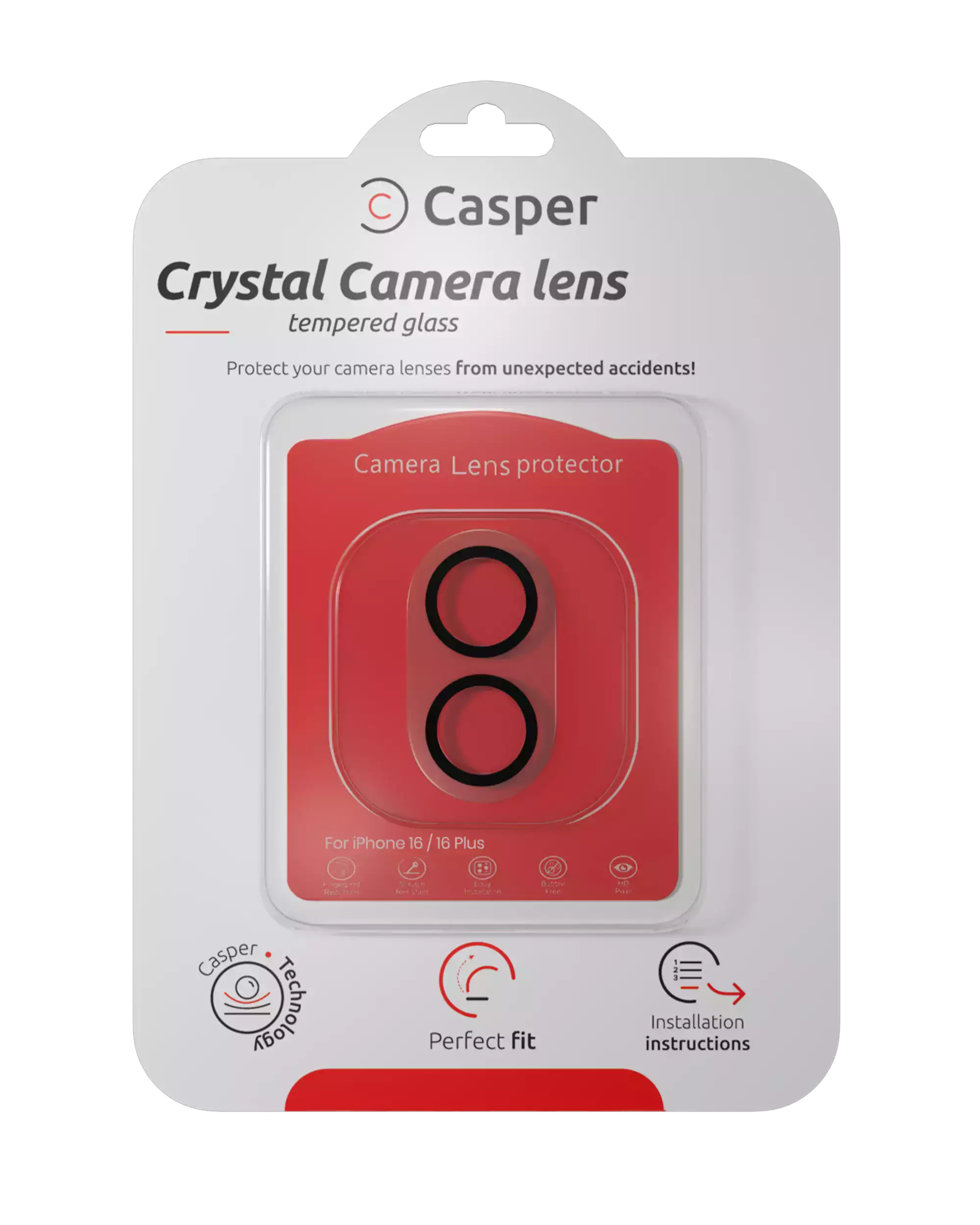 Casper crystal clear full cover camera lens protector for iPhone 17, 16, 16 Plus, packaging front view
