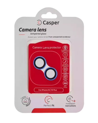 Casper tempered glass camera lens protector for iPhone 16 and 16 Plus in Ultramarine trim, packaging front view
