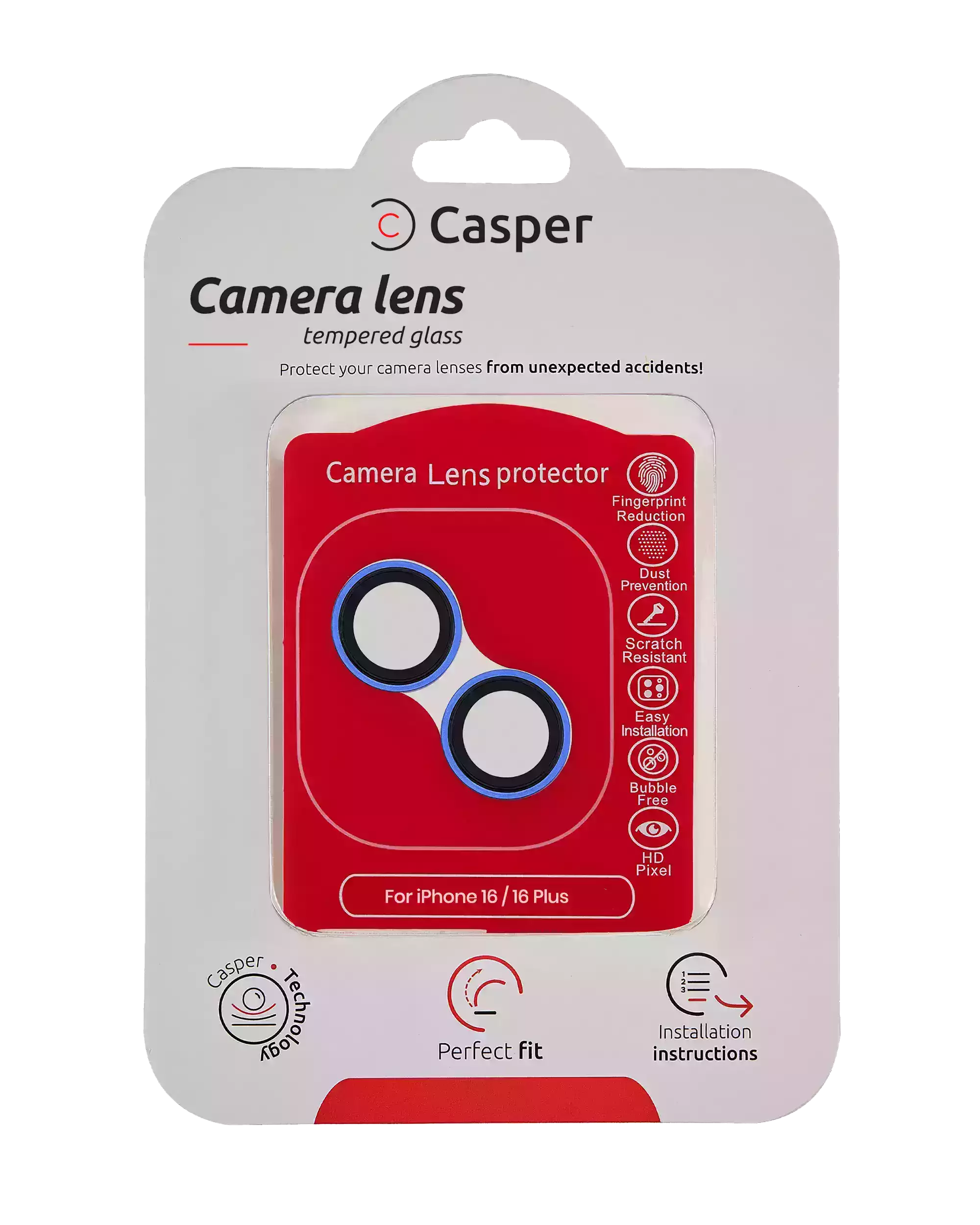 Casper tempered glass camera lens protector for iPhone 16 and 16 Plus in Ultramarine trim, packaging front view