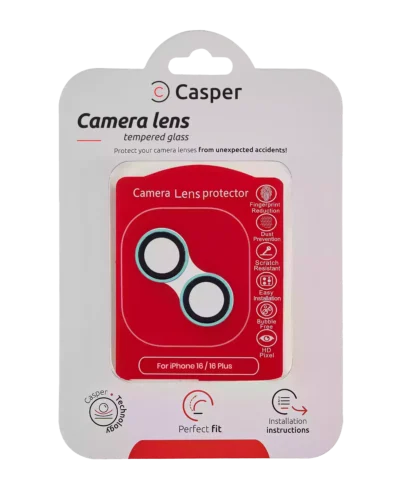 Casper tempered glass camera lens protector for iPhone 16 and 16 Plus with teal trim, packaging front view