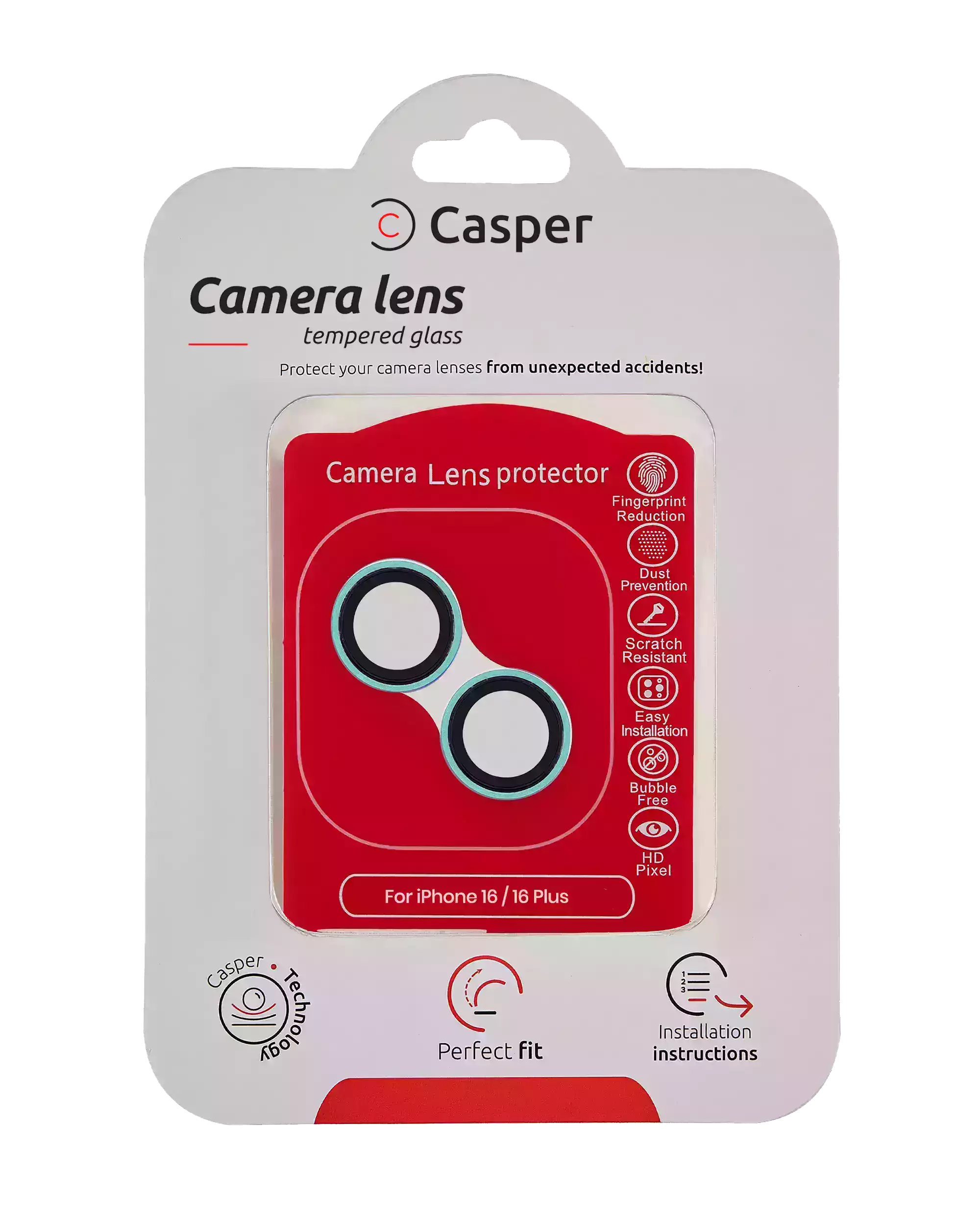 Casper tempered glass camera lens protector for iPhone 16 and 16 Plus with teal trim, packaging front view
