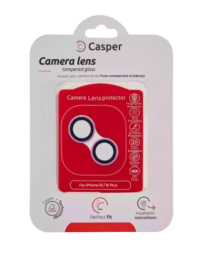 Casper tempered glass camera lens protector for iPhone 16 and 16 Plus with pink trim, packaging front view