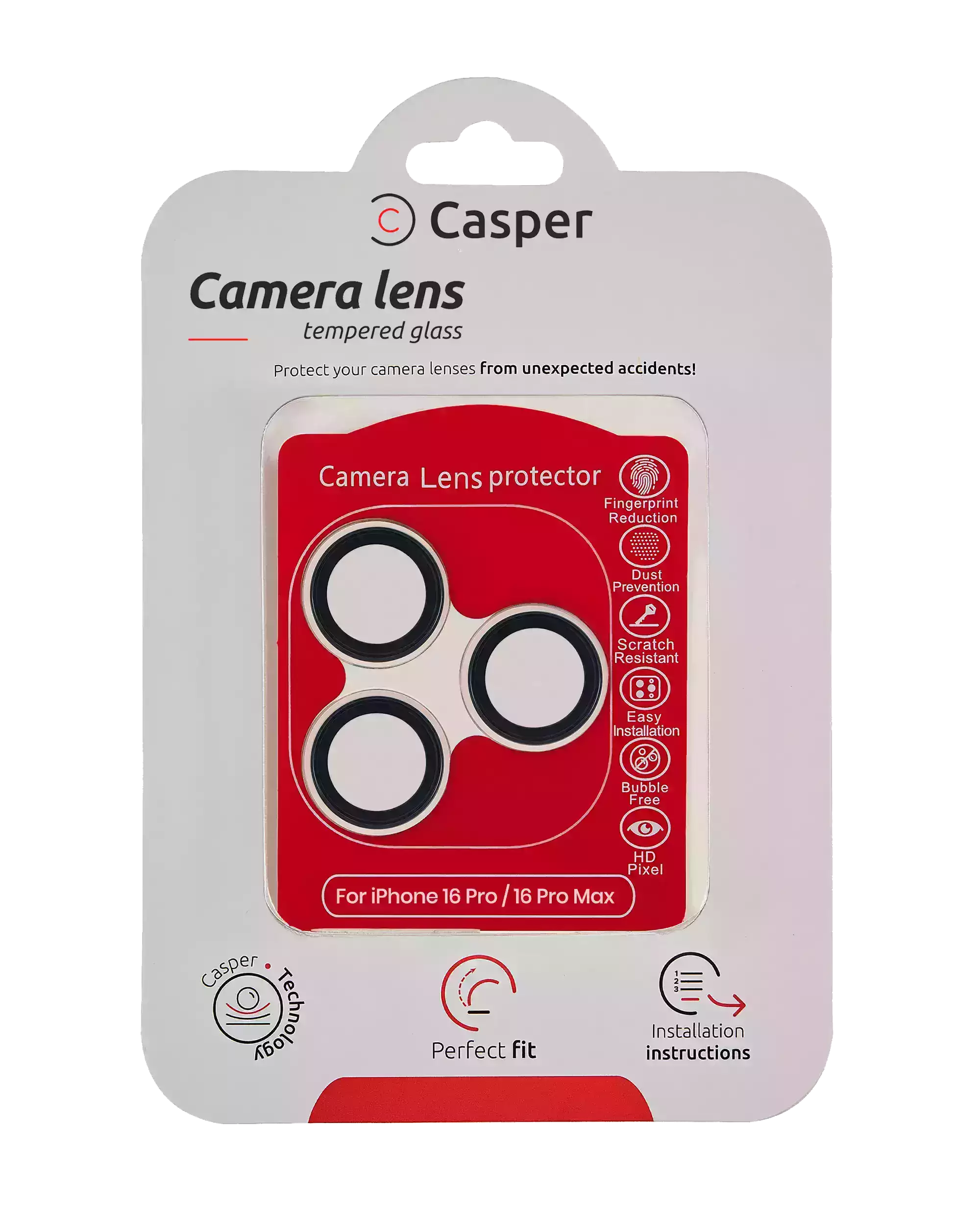 Casper tempered glass camera lens protector for iPhone 16 Pro and 16 Pro Max in Natural Titanium trim, packaging front view
