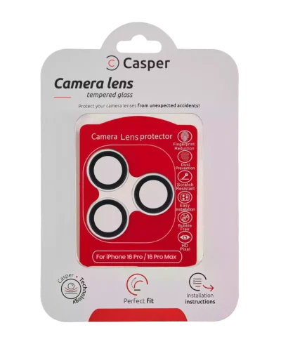 Casper tempered glass camera lens protector for iPhone 16 Pro and 16 Pro Max with silver trim, packaging front view