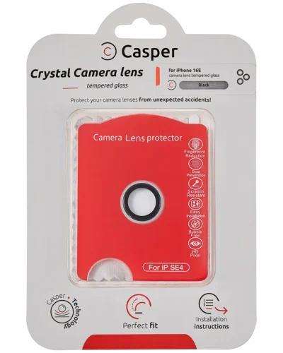 Casper tempered glass camera lens protector for iPhone 16e and 17e with silver trim, packaging front view