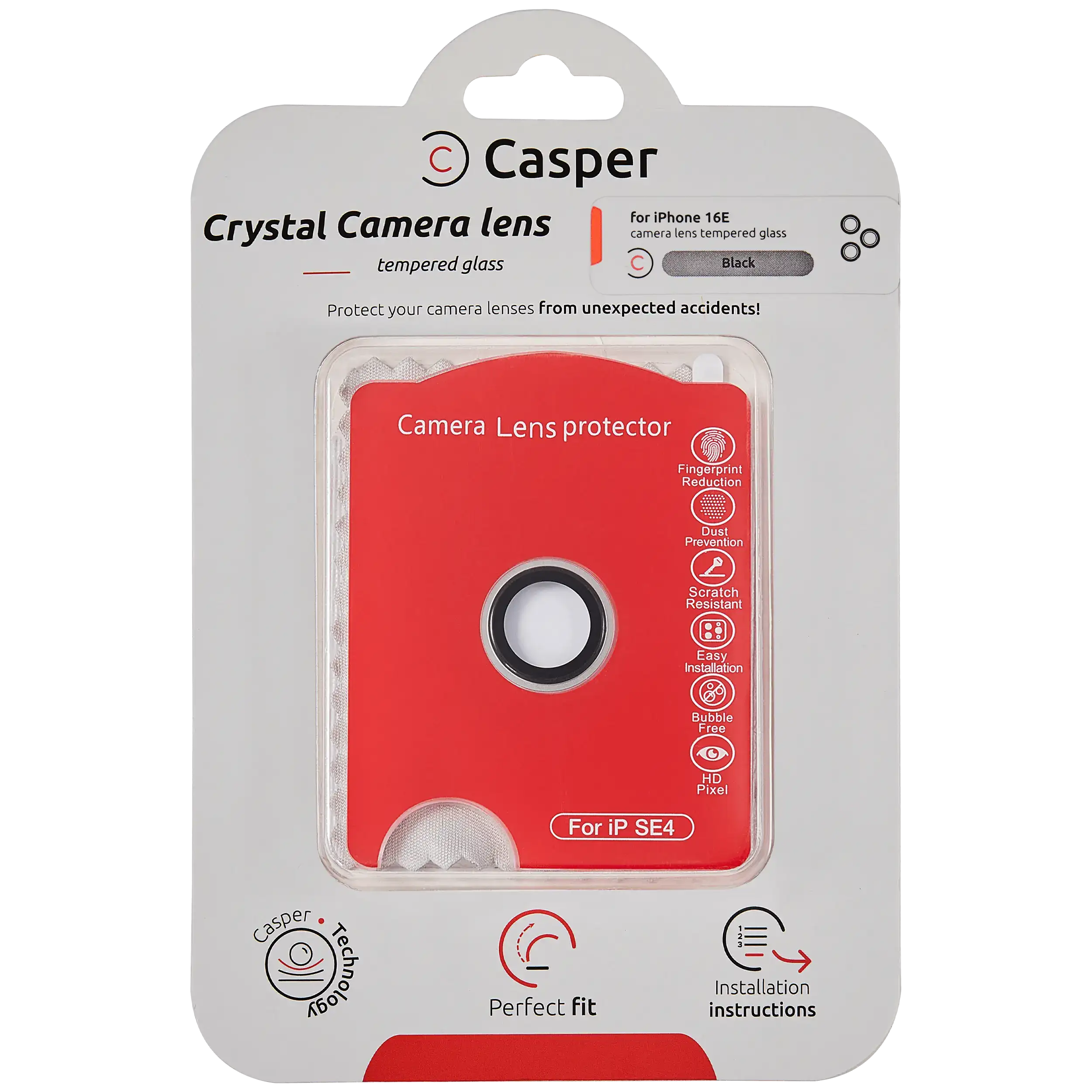 Casper tempered glass camera lens protector for iPhone 16e and 17e with silver trim, packaging front view