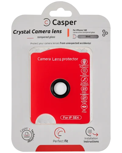 Casper tempered glass camera lens protector for iPhone 16e and 17e with black trim, packaging front view