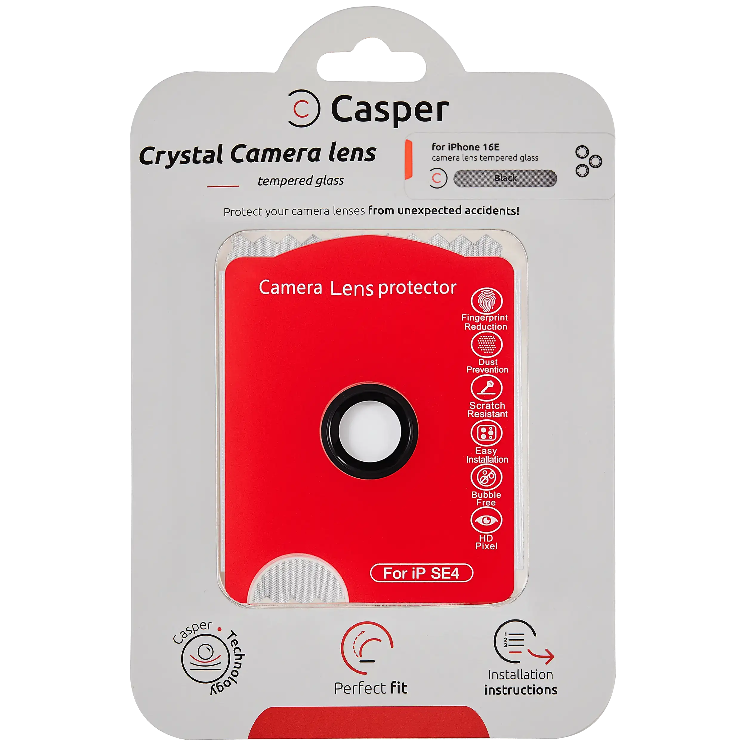 Casper tempered glass camera lens protector for iPhone 16e and 17e with black trim, packaging front view