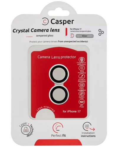 Casper tempered glass camera lens protector for iPhone 17 with silver trim, packaging front view