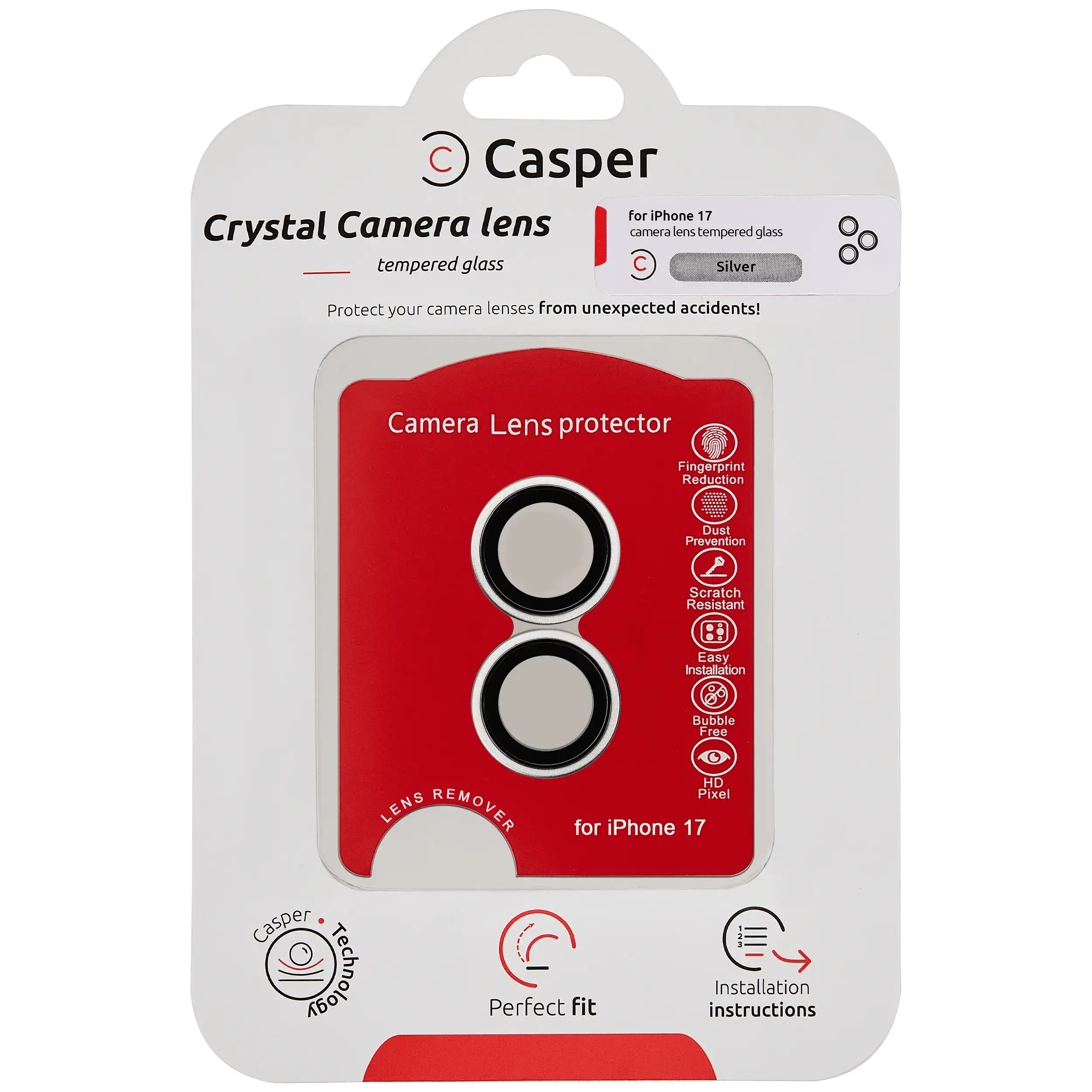 Casper tempered glass camera lens protector for iPhone 17 with silver trim, packaging front view