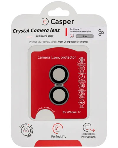 Casper tempered glass camera lens protector for iPhone 17 with gray trim, packaging front view