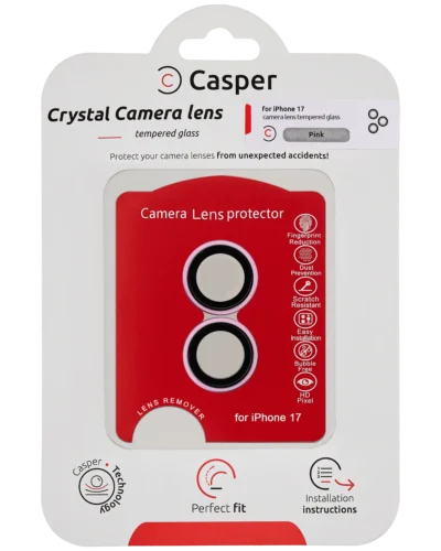 Casper tempered glass camera lens protector for iPhone 17 with purple trim, packaging front view