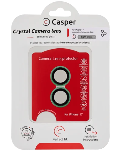 Casper tempered glass camera lens protector for iPhone 17 with light green trim, packaging front view