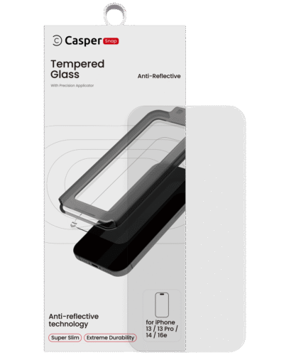 Casper Snap tempered glass AR clear screen protector for iPhone 13, 13 Pro, 14, 16e, 17e, retail packaging