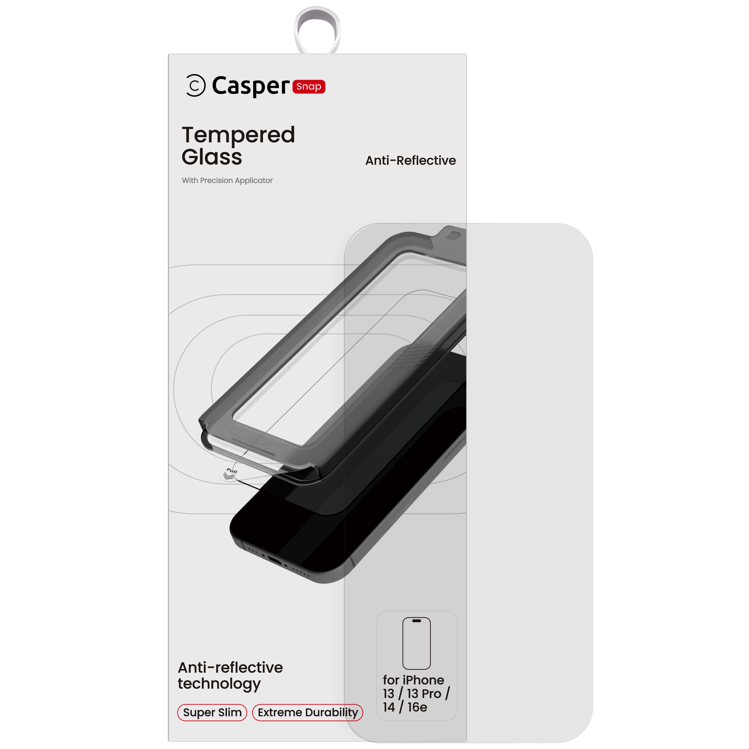 Casper Snap tempered glass AR clear screen protector for iPhone 13, 13 Pro, 14, 16e, 17e, retail packaging