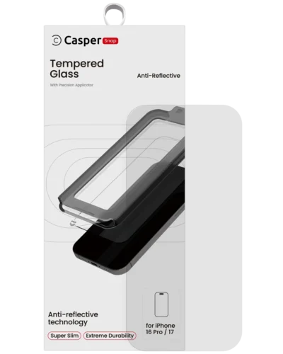 Casper Snap tempered glass AR clear screen protector for iPhone 16 Pro and 17, retail packaging