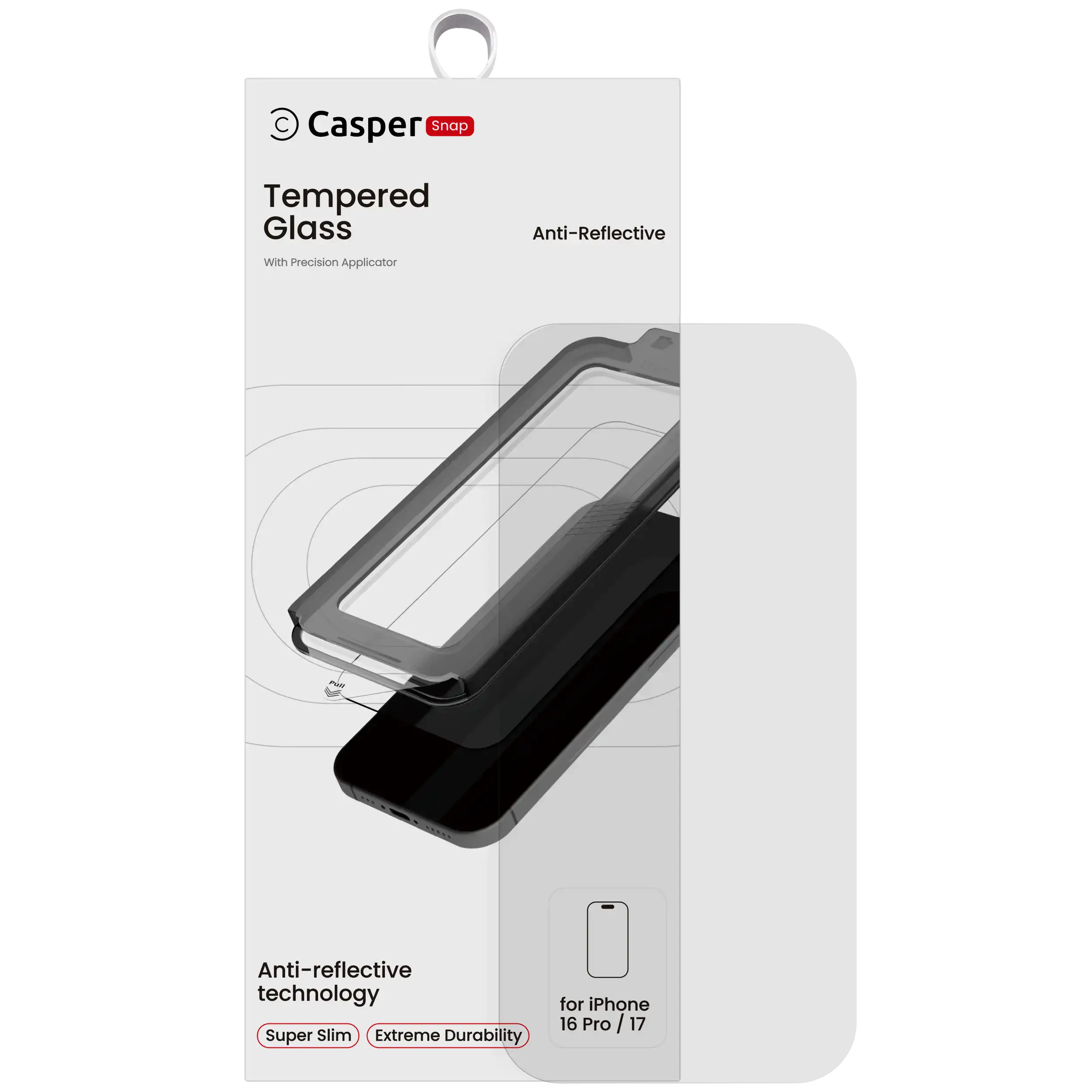 Casper Snap tempered glass AR clear screen protector for iPhone 16 Pro and 17, retail packaging
