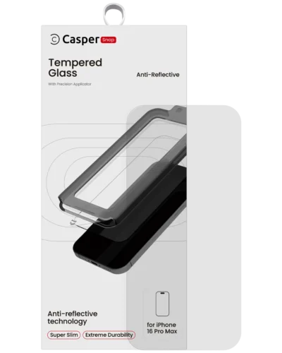 Casper Snap tempered glass AR clear screen protector for iPhone 16 Pro Max, retail packaging