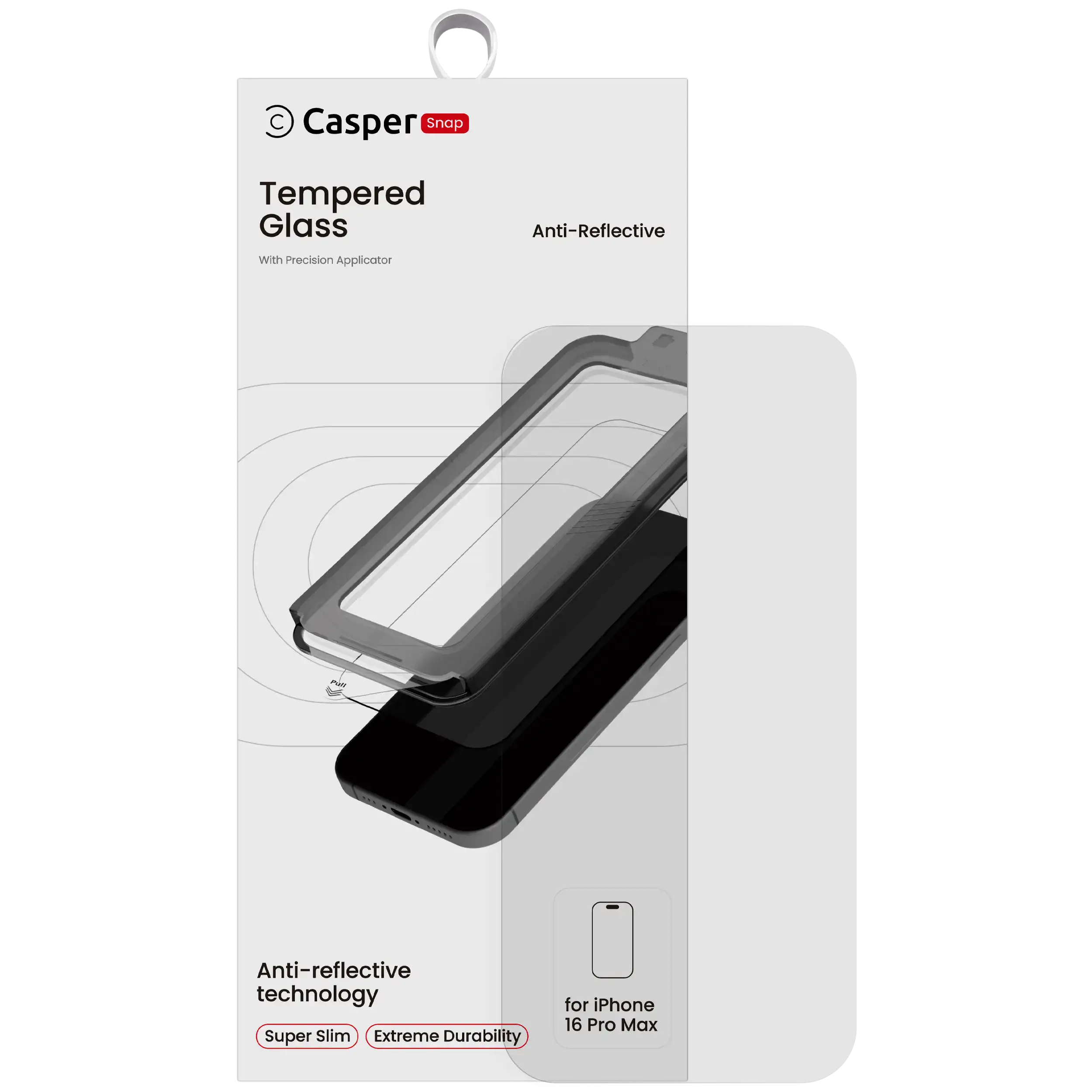 Casper Snap tempered glass AR clear screen protector for iPhone 16 Pro Max, retail packaging