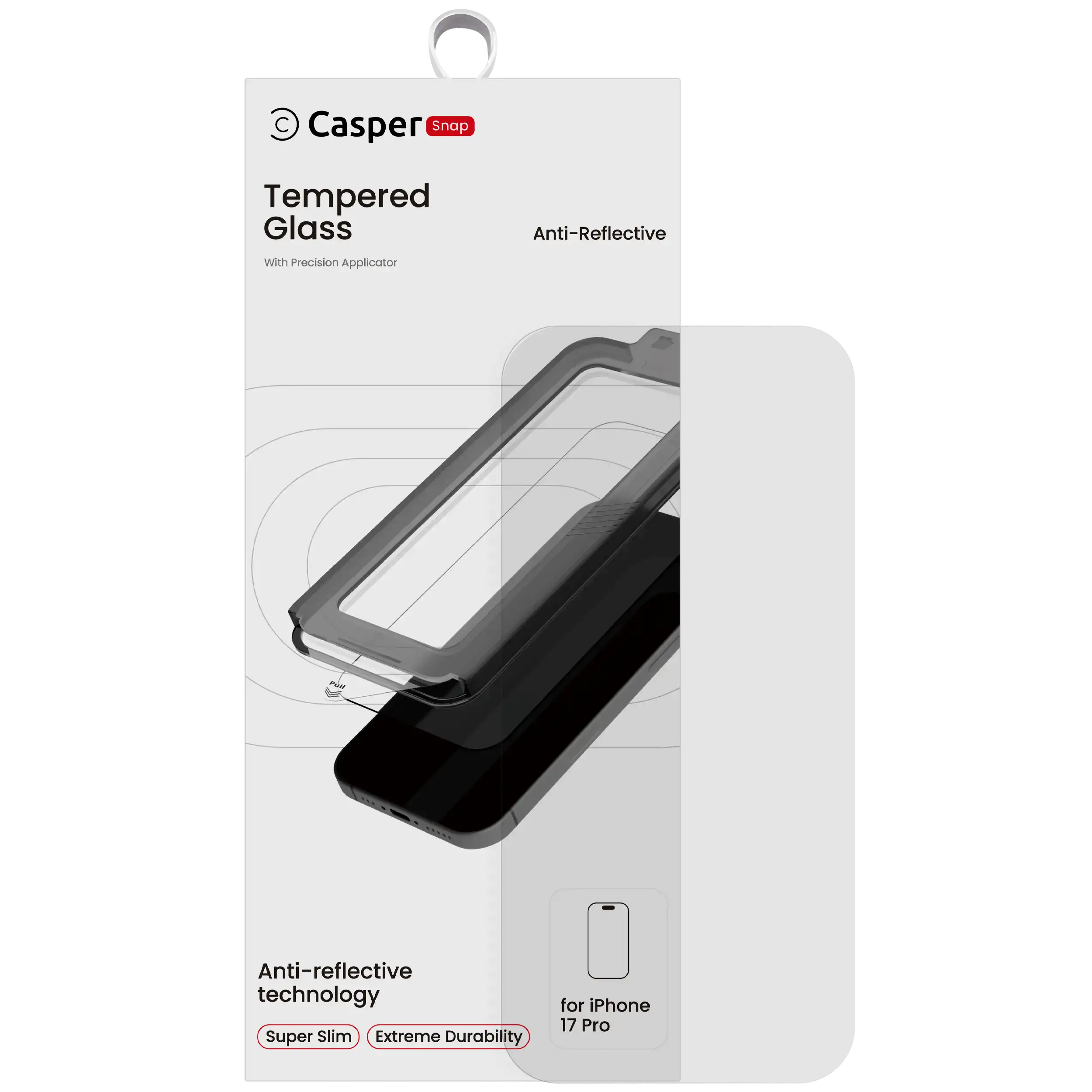 Casper Snap AR Clear tempered glass screen protector packaging for iPhone 17 Pro