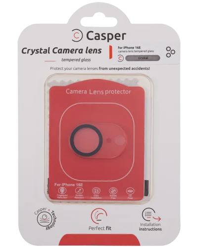 Casper crystal clear full cover camera lens protector for iPhone 16e, packaging front view