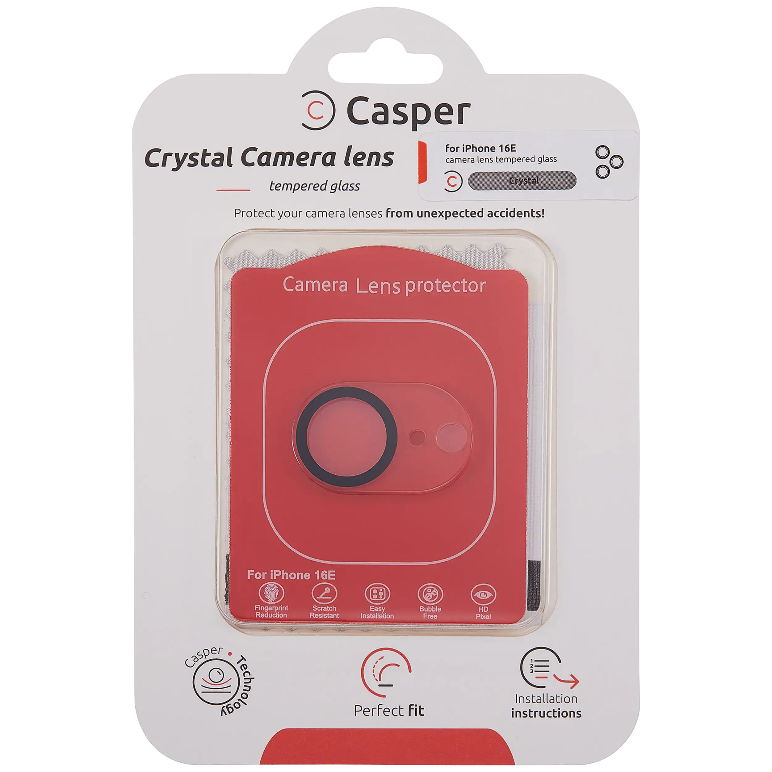 Casper crystal clear full cover camera lens protector for iPhone 16e, packaging front view
